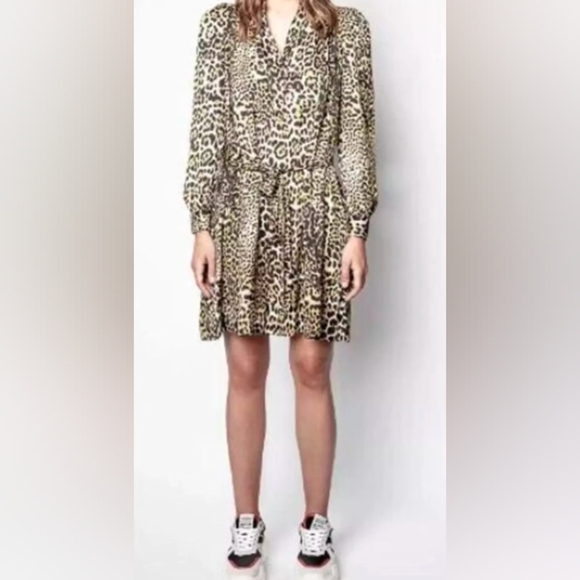 Zadig and Voltaire Sz Medium Retouched Satin Leo Dress Long Sleeve Animal Print - Picture 1 of 15